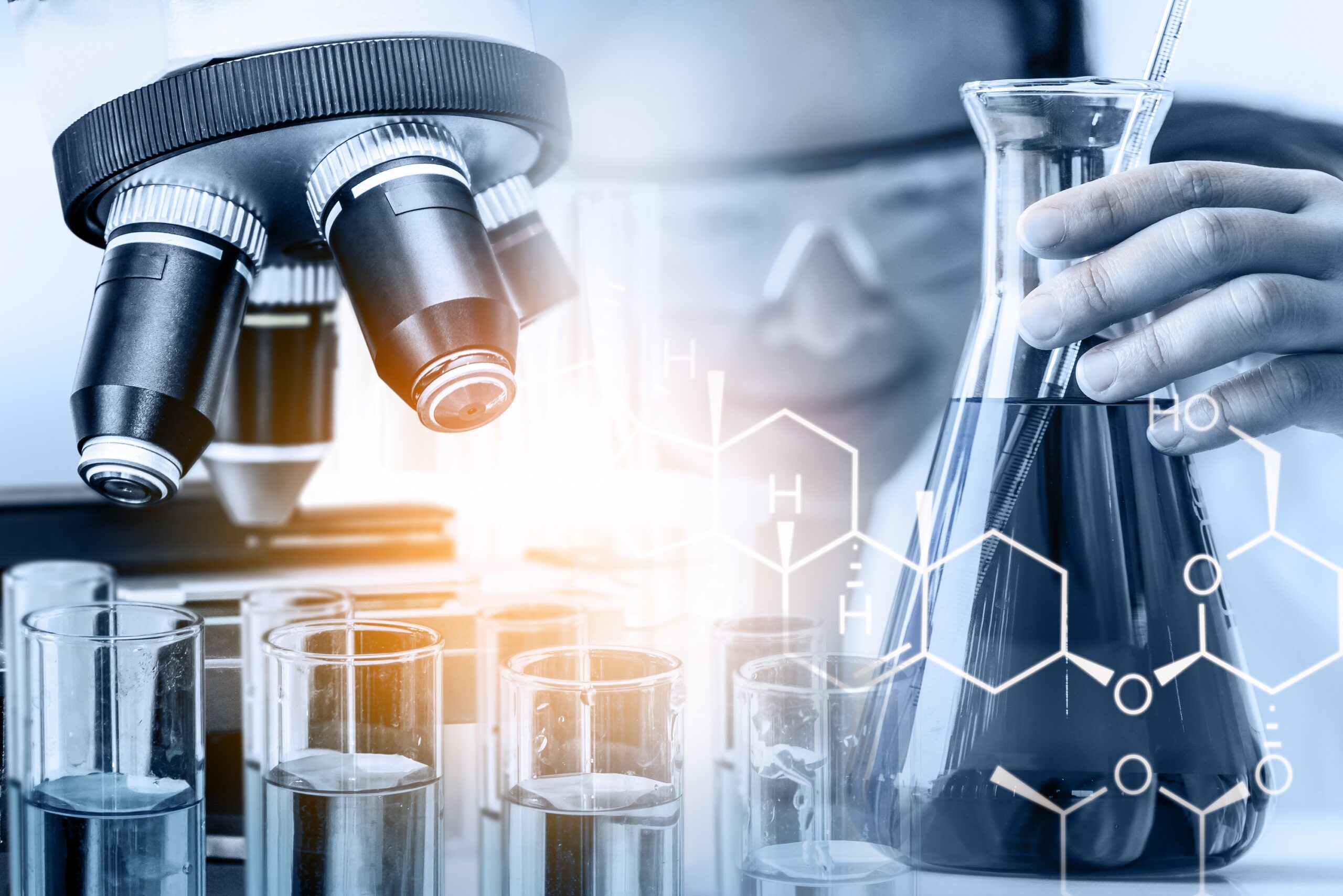Research and development concept. Double exposure image of scientific and medical lab instrument, microscope, test tube and glass flask for microbiology and chemistry in laboratory for medicine study.
